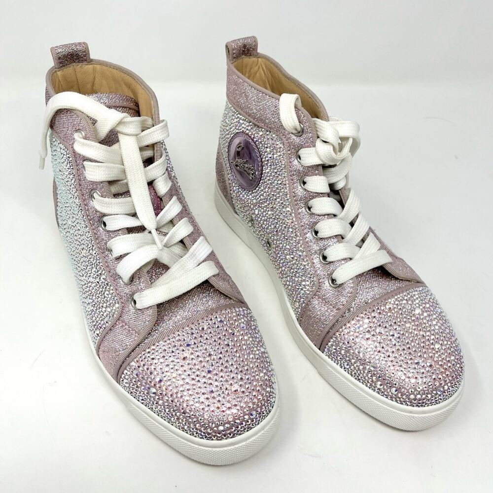Christian Louboutin Louis Strass High Top Sneakers Size 38.5 US 8.5 Pink Crystal